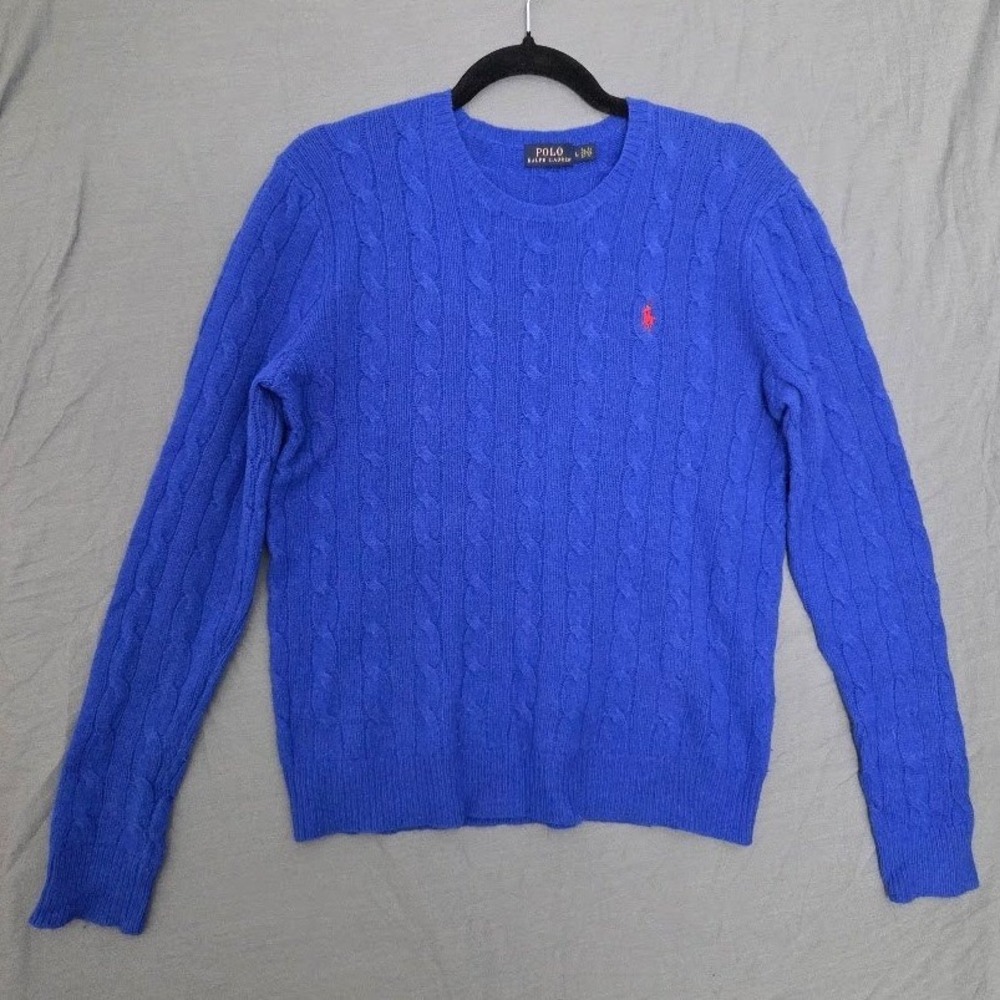 Vibrant Royal Blue Polo Ralph Lauren Cable Knit Crew Neck Sweater Red Pony Large